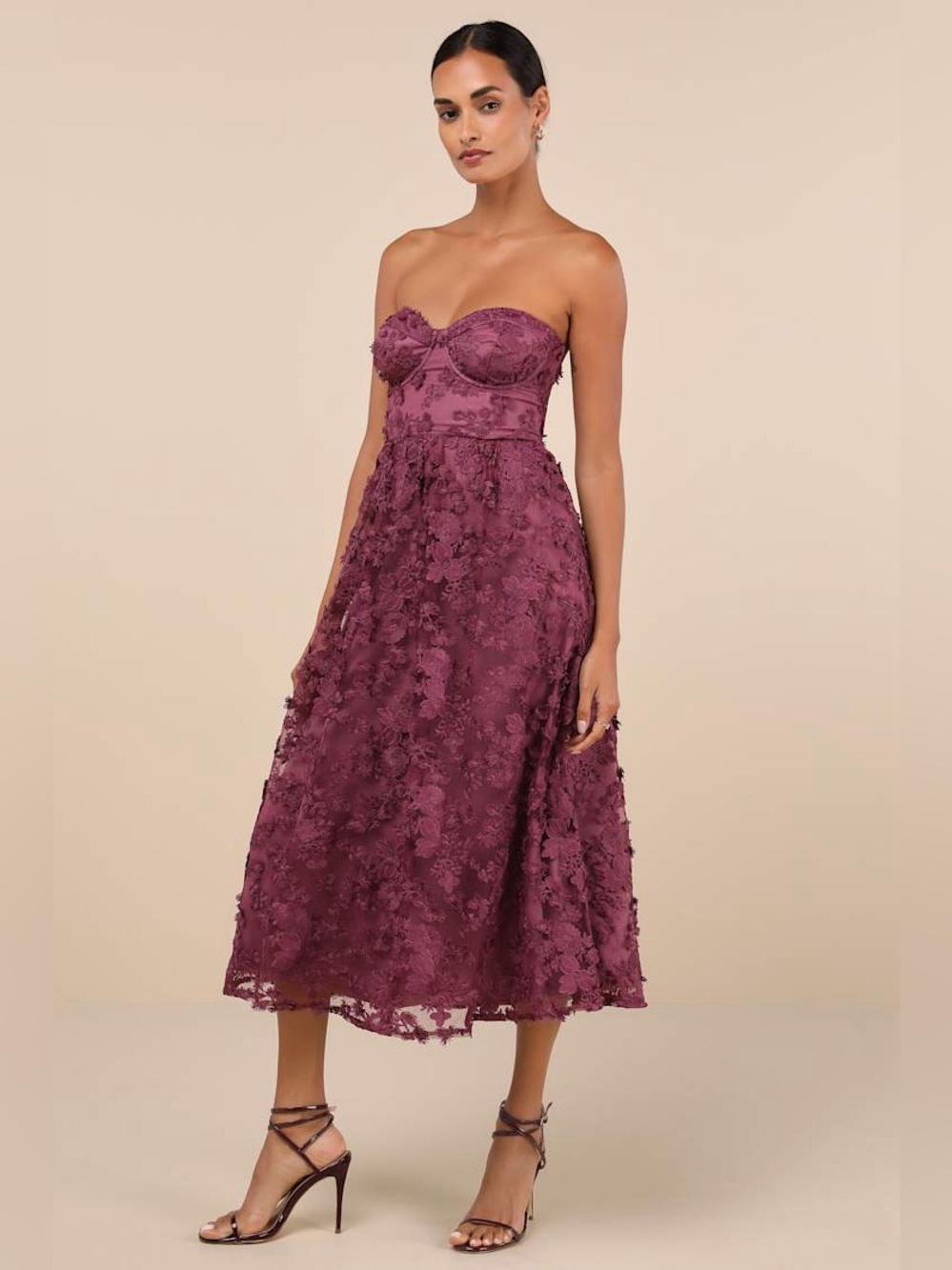 LULU'S Quite Perfect Purple Floral Embroidered Strapless Midi Dress - Picture 3 of 6